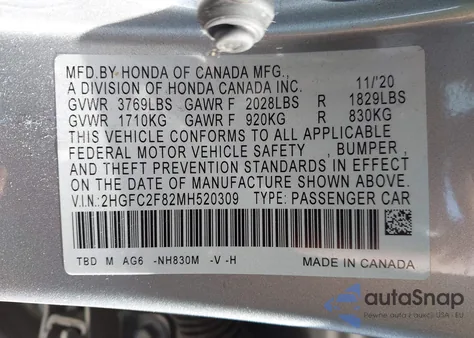 2021 Honda Civic Sport from USA, damaged, VIN 2HGFC2F82MH520309